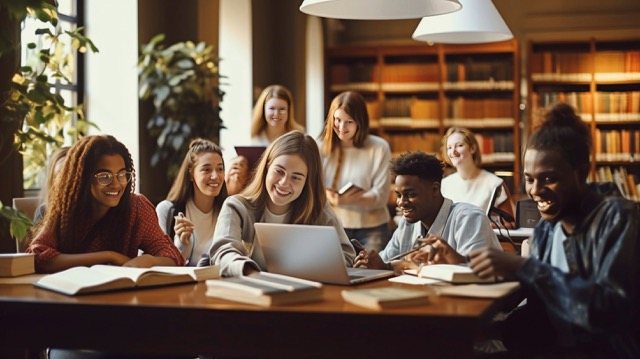 AI generated, realistic photo, very sharp, Multiracial university students sitting together at table with books and laptop - Happy young people doing group study in high school library - Life style co
